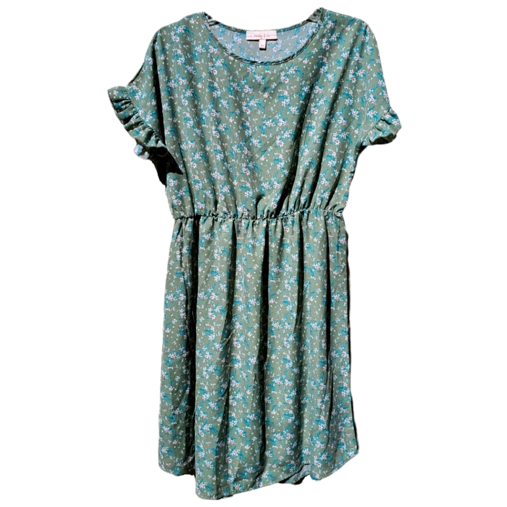 M lagenlook prarie sage green boho floral ruffle dress